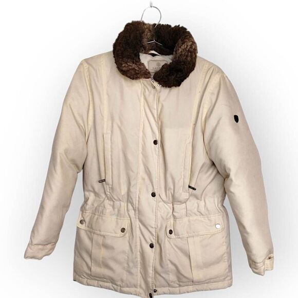 Lauren Ralph Lauren Down Jacket Womens Sz Small Puffer Faux Fur Ivory Zip Preppy - Picture 2 of 14